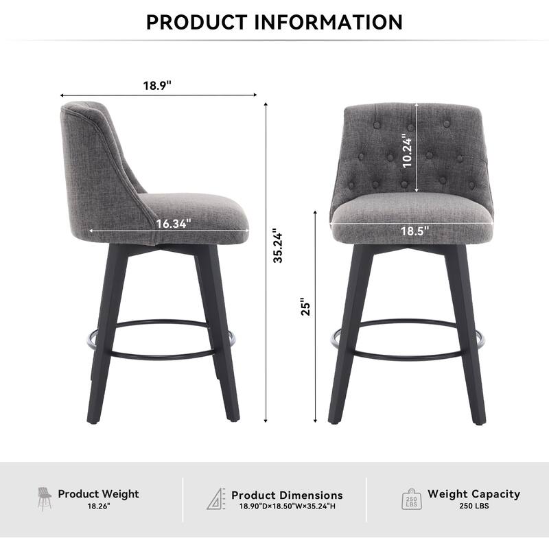 25in Swivel Bar Stools Set of 2 Counter Height Linen Upholstered Button Tufted Solid Wood Kitchen Island Breakfast Bar