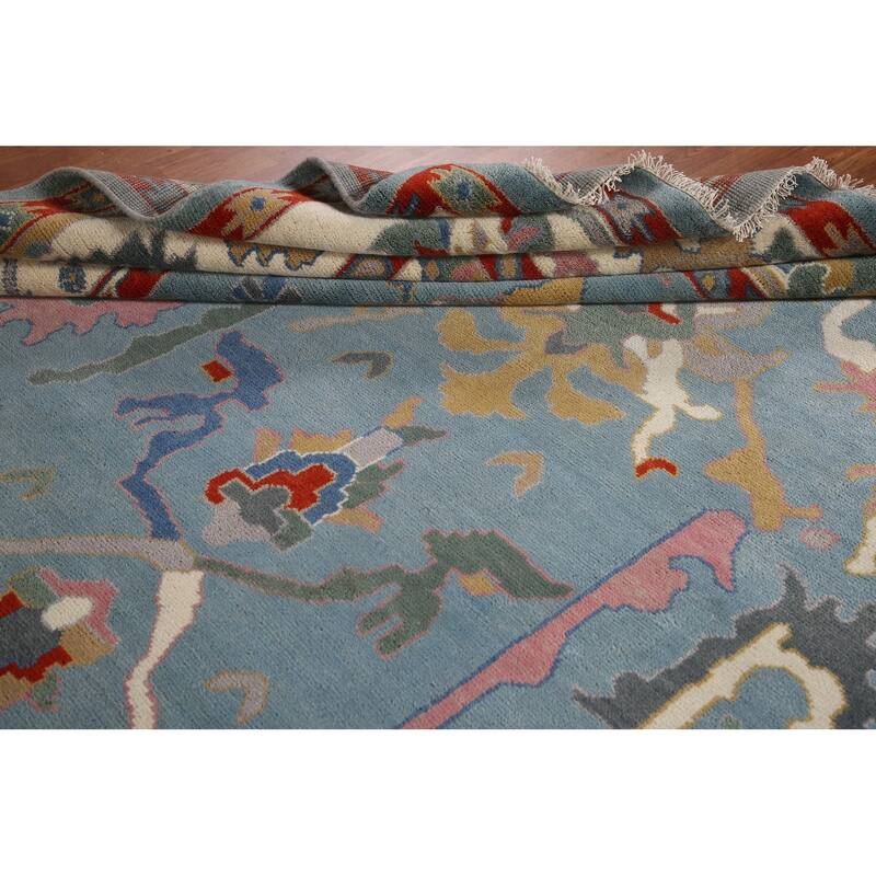 Light Blue Oushak Area Rug Hand-Knotted Floral Wool Carpet - 8'11"x 11'8"