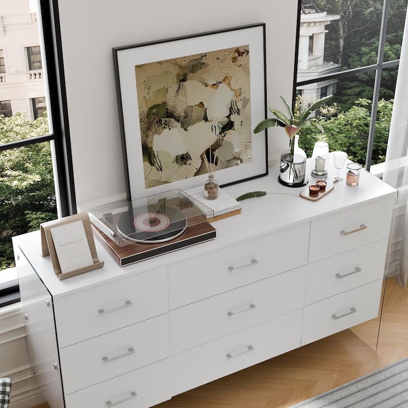 Dresser Chest of 9 Drawers Triple Dresser with Glass Legs White