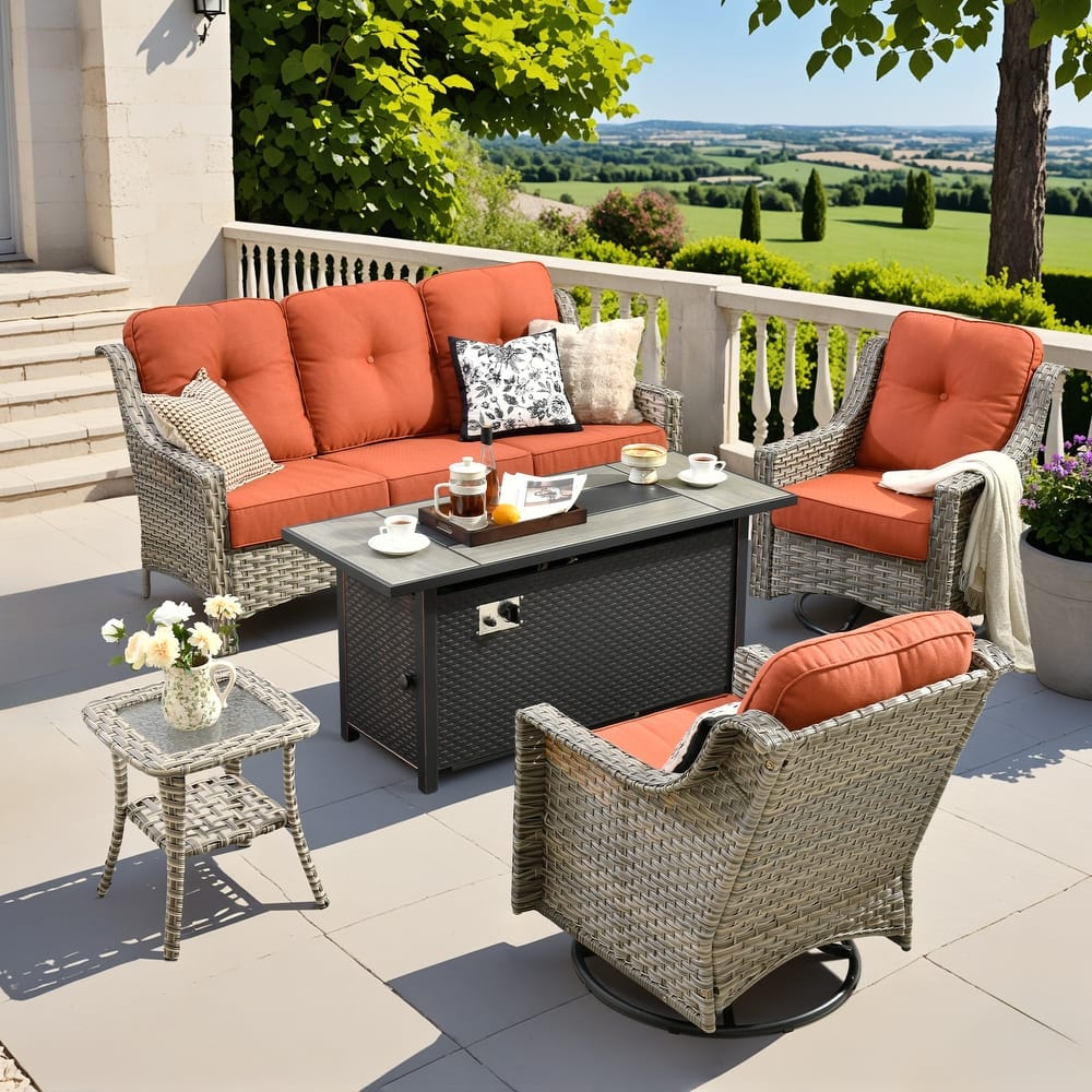 OVIOS 5 Pieces Outdoor Wicker Set with 54" Fire Table