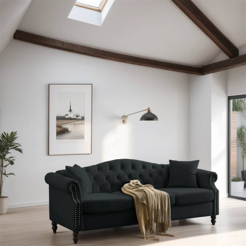 79" Velvet 3 Seater Sofa with Rolled Arms and Two Pillows