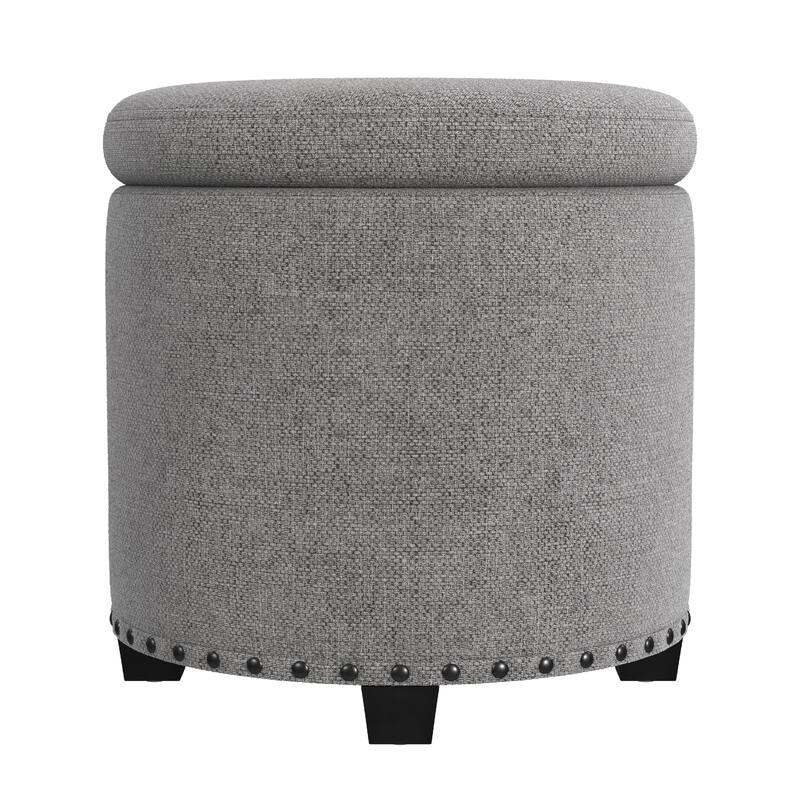Zoya 19 Inch Round Storage Ottoman with Lift Top in Light Gray Woven Fabric