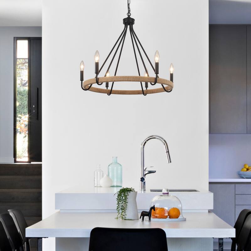 6-Light Candlestick Wagon Wheel Chandelier Hemp Rope Linear Chandelier Lighting Fixture for Kitchen Island