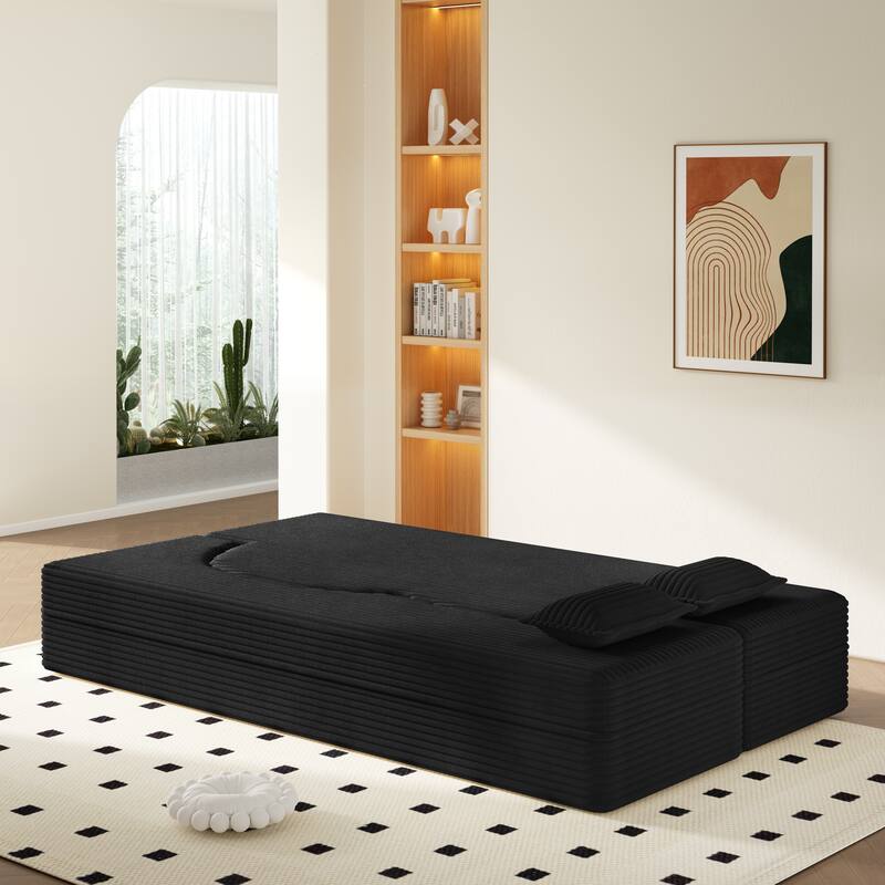 Convertible Floor Sofa with Corduroy Fabric, Twin Mattress & No Assembly - Black