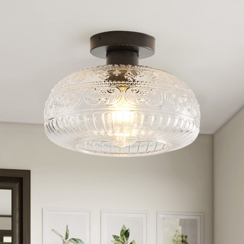 Modern 1-Light Black Semi Flush Mount Ceiling Fixture with Textured Clear Glass