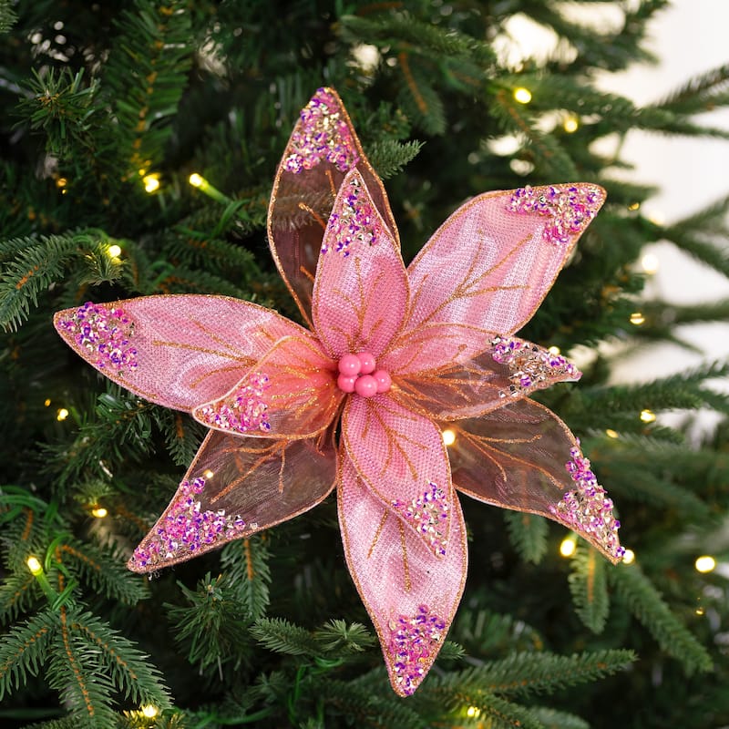Glitter and Sequin Poinsettia Clip-on Christmas Ornament - 11.5" - Pink and Gold