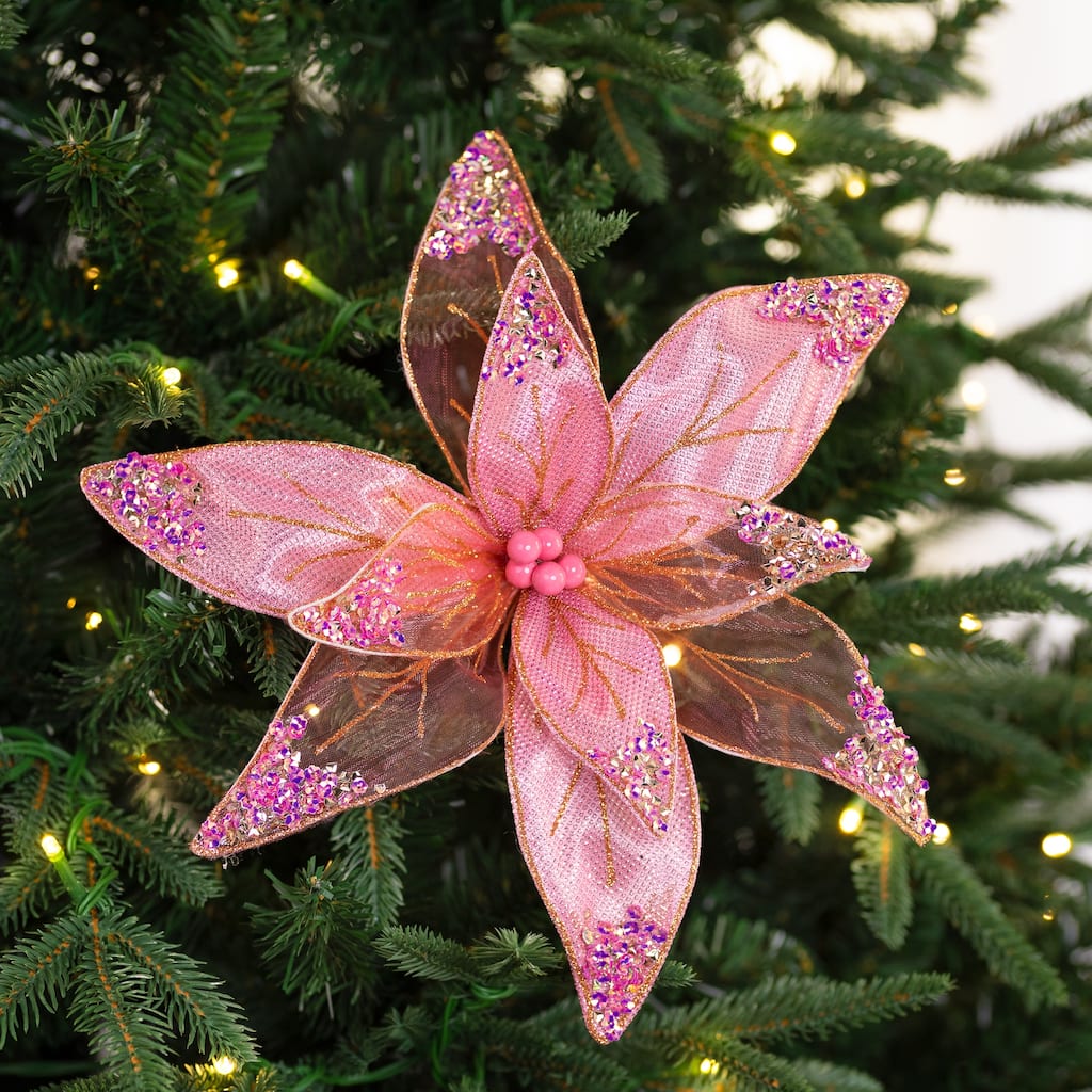 Glitter and Sequin Poinsettia Clip-on Christmas Ornament - 11.5" - Pink and Gold