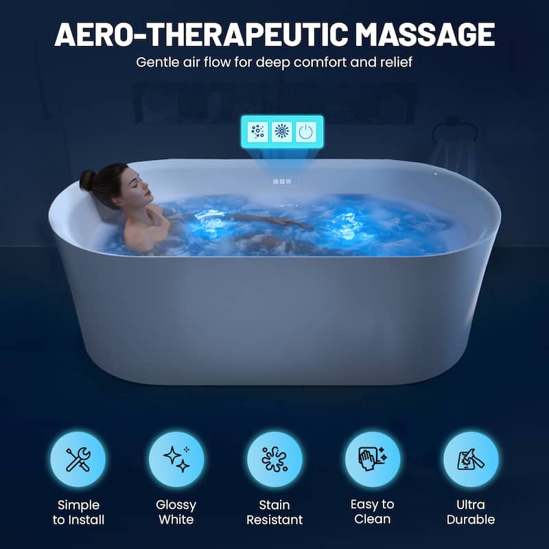 Jericho Series 67" Air Jetted Acrylic Freestanding Bathtub in Glossy White with Center Drain