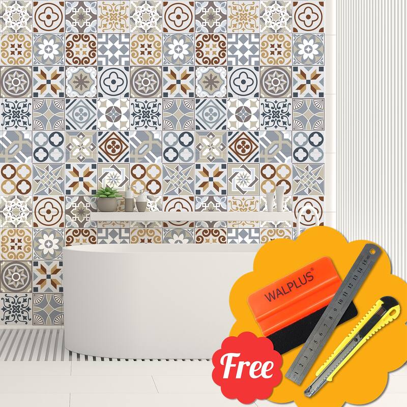 Walplus Spanish Limestone Wall Tile Stickers Peel and Stick 48pcs 6"x6"