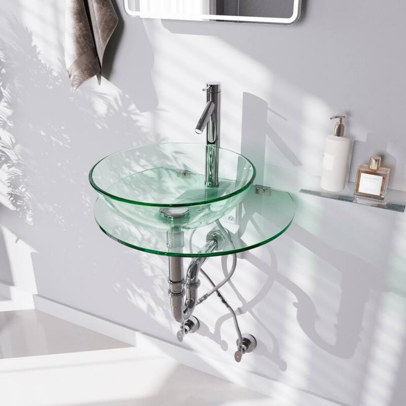 Clear Round Tempered Glass Wall Mount Console Sink with Chrome Faucet and Drain Pack of 2