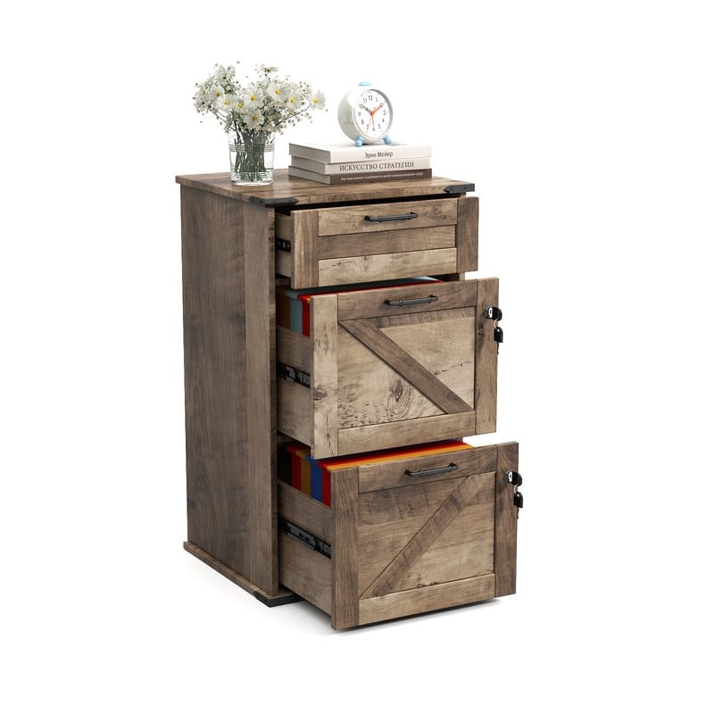 Barn Door Wooden 3 Drawers With Lock 30.71"H