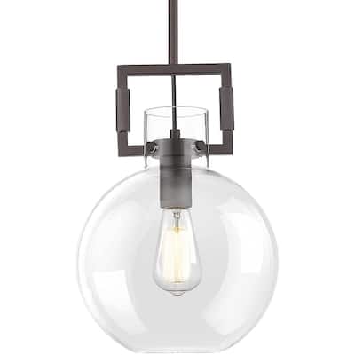 Farmhouse Glass Globe Pendant Light Fixture, Schoolhouse Hanging Light Fixture with Adjustable Height, Oil-Rubbed Bronze