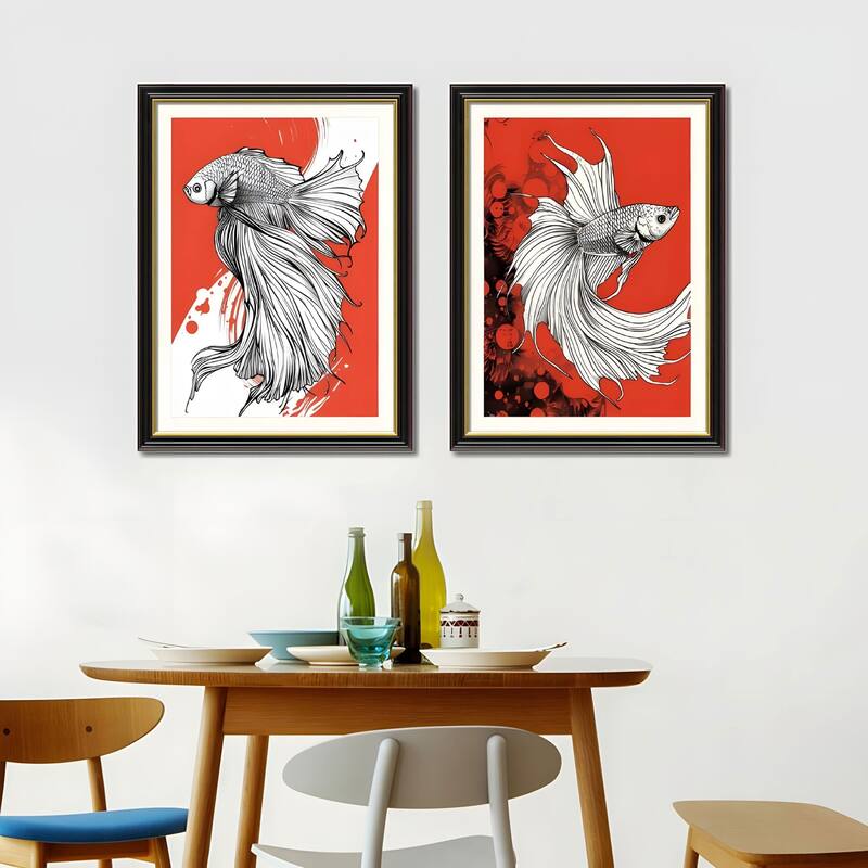 Set of 2 Betta Fish Canvas Wall Art - Interchangeable Prints with Solid Wood Frames, Modern Aquatic Artwork for Dining Room