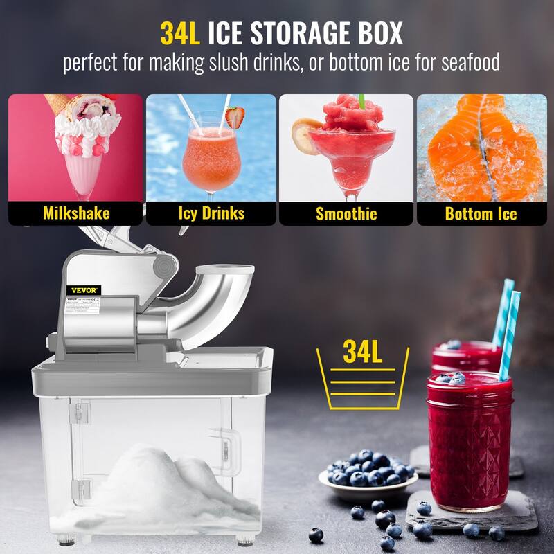 110V Commercial Ice Crusher 440LBS/H, ETL Approved 300W Electric Snow Cone Machine with Dual Blades, with Safety On/Off Switch