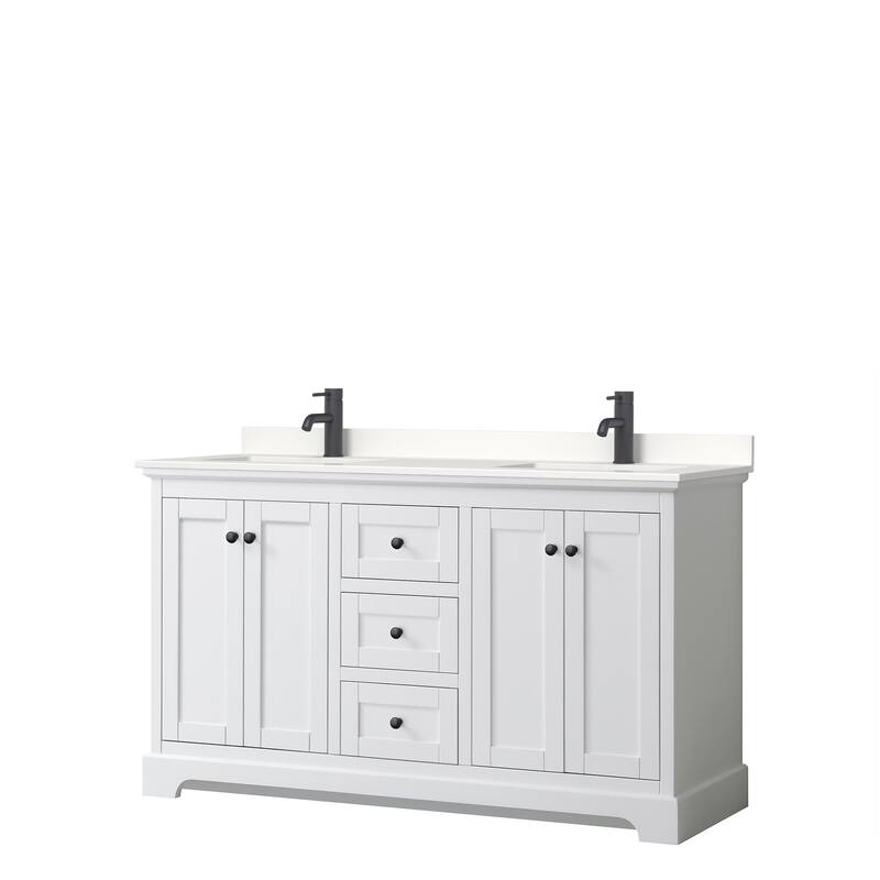 Avery 60-inch Double Vanity, Quartz Top - White, Black Trim, White Quartz Top