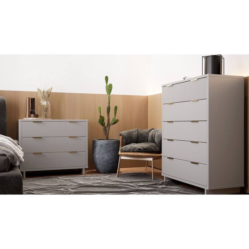 Manhattan Comfort 2-Piece Granville Modern Solid Wood Tall Chest and Standard Dresser Set - Light Grey