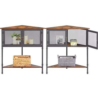 Javlergo 2 Pack Triangle Corner End Table Set 2 Mesh Cabinet Storage Bamboo Frame Multifunctional Side Table Set of 2