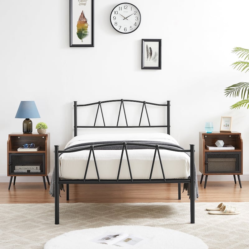 Industrial 3 Piece Bedroom Set Black Platform Bed Frame and Modern Brown Nightstands Set of 2 - Twin