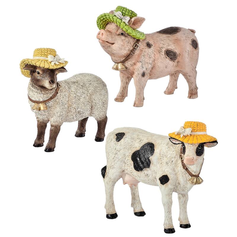 6.5" Resin Country Pig, Sheep, and Cow With Bonnet Set of 3