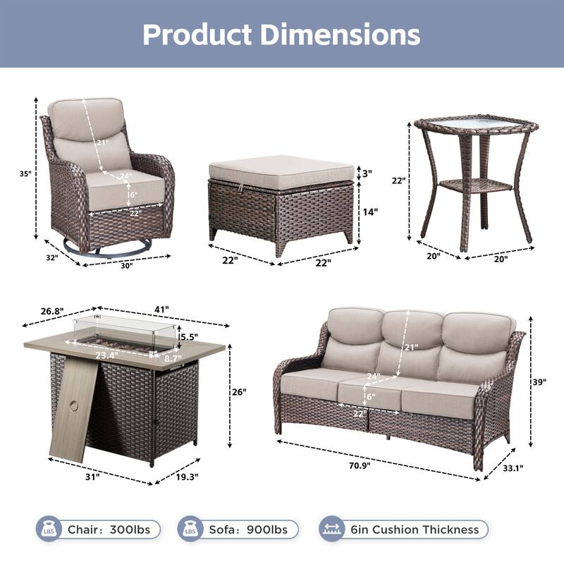 Meyreso 7-Piece Wicker Outdoor Patio Fire Pit Conversation Set with 6-Inch Thick Cushions