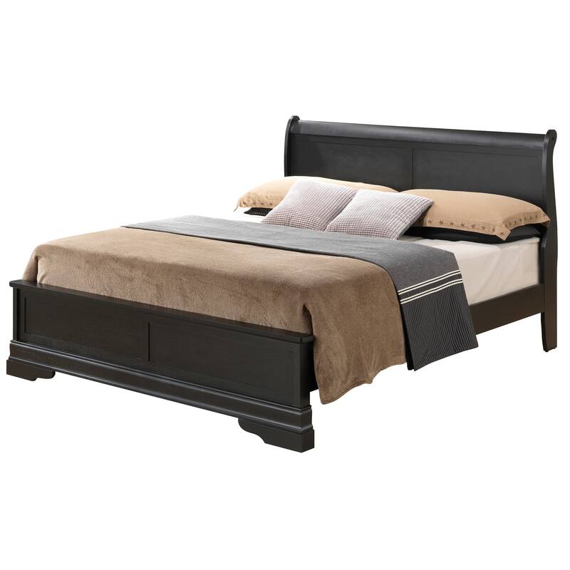 Black King Panel Bed - Wood Veneer Sleigh Design - Requires Box Spring - 79"L x 89"W x 44"H