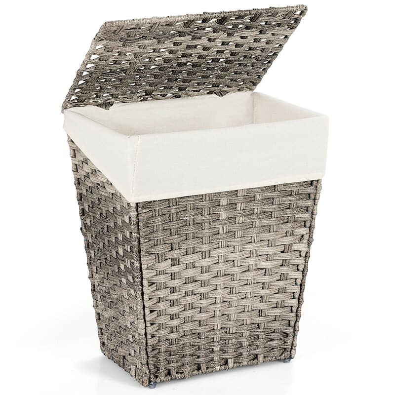 Gymax Handwoven Laundry Hamper Foldable w/Removable Liner, Lid & - 17.5'' X 12'' X 21'' - Grey