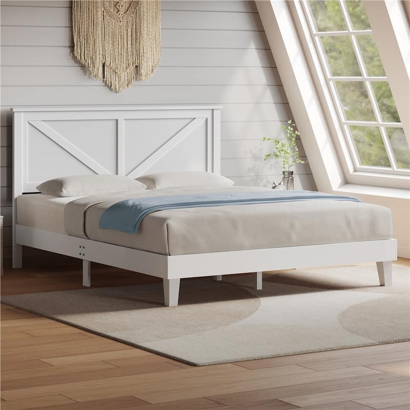 Yaheetech Farmhouse Wood Bed Platform No Box Spring Needed