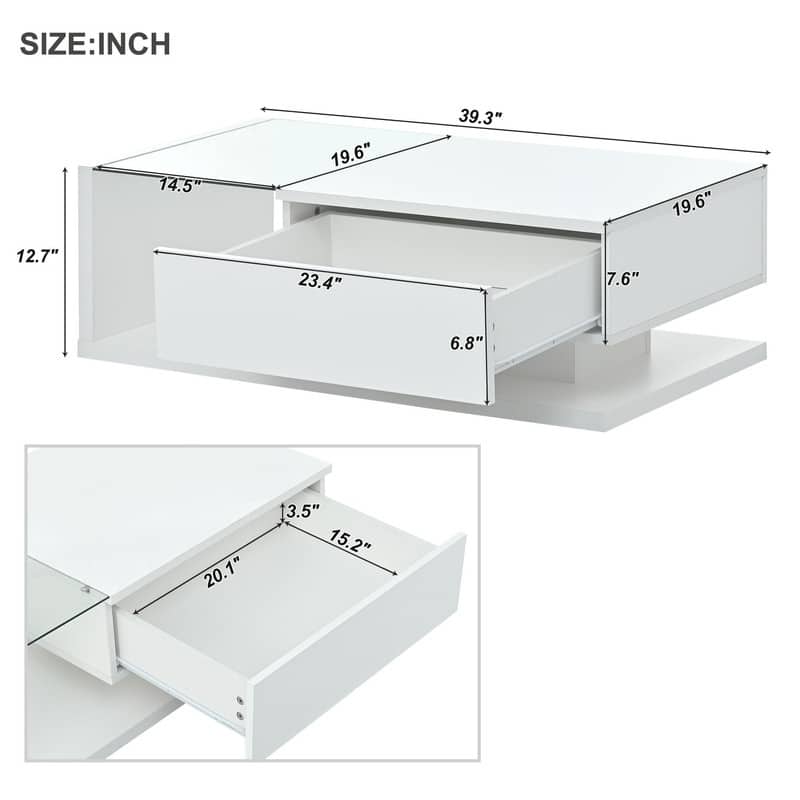 Modernist Glass & High-Gloss Wood Coffee Table with Drawer, 2-Tier Rectangular Center Table for Living Room