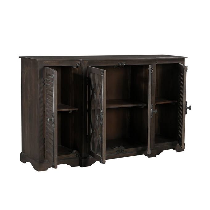 HomeRoots 70" Dark Brown Solid Wood Carved Geometric Sideboard with Four Doors - 70.00 in. x 40.00 in. x 18.00 in.