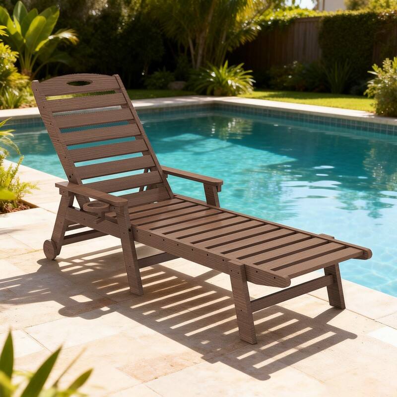 Domi Patio Lounge Chair Outdoor, HDPE Outdoor Chaise Lounge with Reclining Backrest, Pool Lounger Chair for Outside, Poolside - Brown-1 Chair