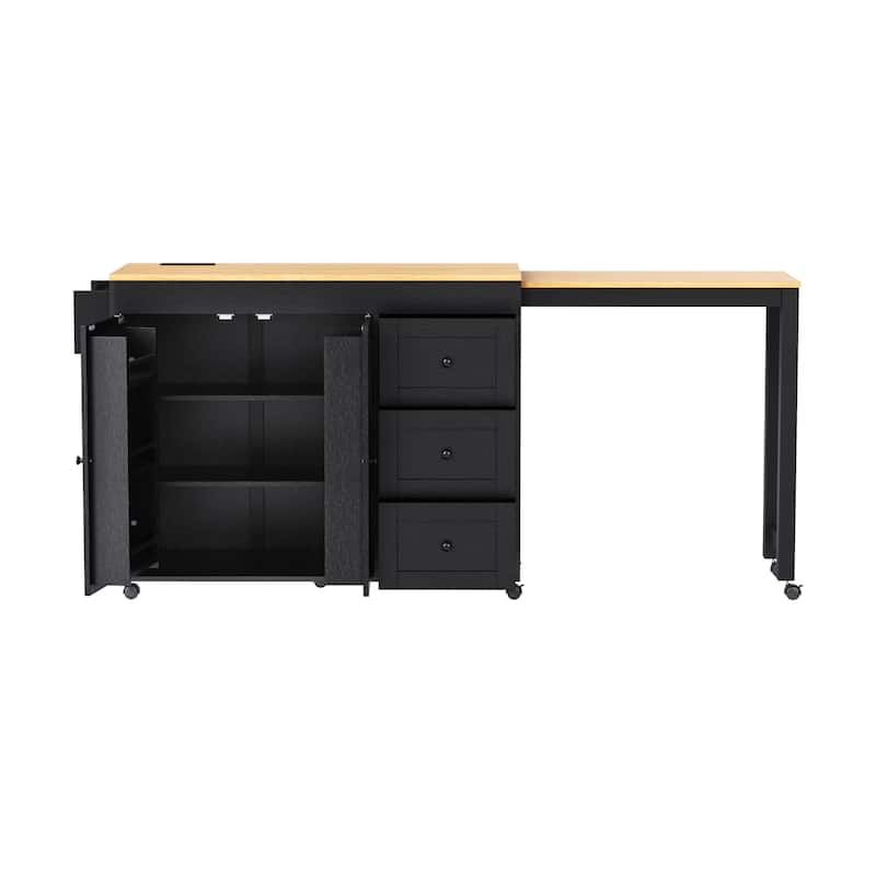 Extendable Dining Table, Rolling Kitchen Island with Power Outlet, Kitchen Storage Cabinet with Adjustable Shelve