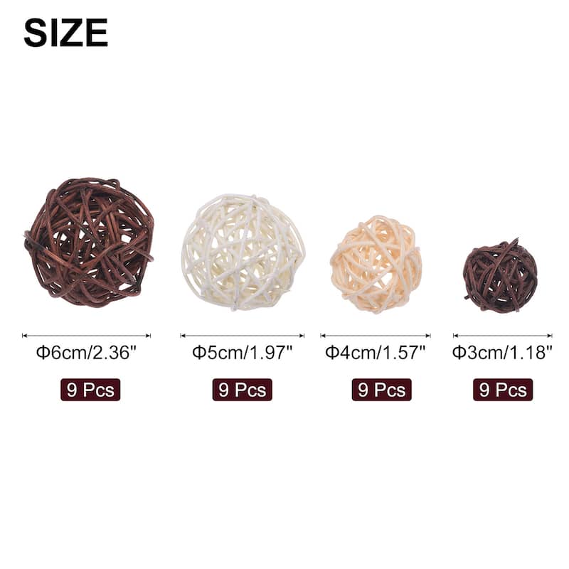 36 Pcs Vase Filler Decorative Balls, 2.4/2/1.6/1.2" Wicker Rattan Decor, Balls Bowl Fillers - Dark Brown/White/Beige/Coffee