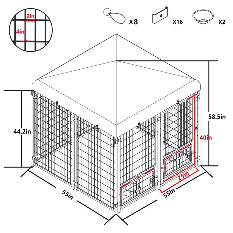 VEIKOUS Outdoor Dog Cage Kennel Fence with Rotating Feeding Door, Cover, and Stainless Bowls