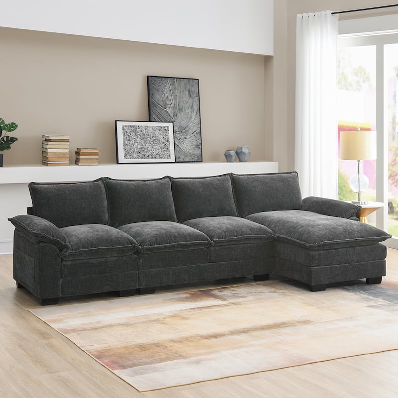 Chenille Upholstered Sectional Sofa with Chaise and Storage Pockets, 5 Seat Lounge Cloud Couch L-shaped Recliner Couches