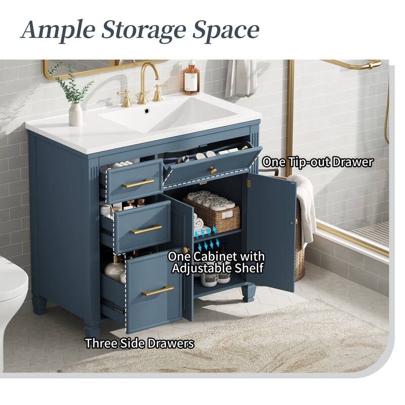 36 Inch Bathroom Vanity with Ceramic Sink, Freestanding Cabinet with Tip-Out Drawer, Side Drawers and Adjustable Shelf