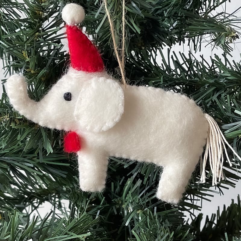 White Elephant Santa Handmade Felt Ornaments, Set of 2