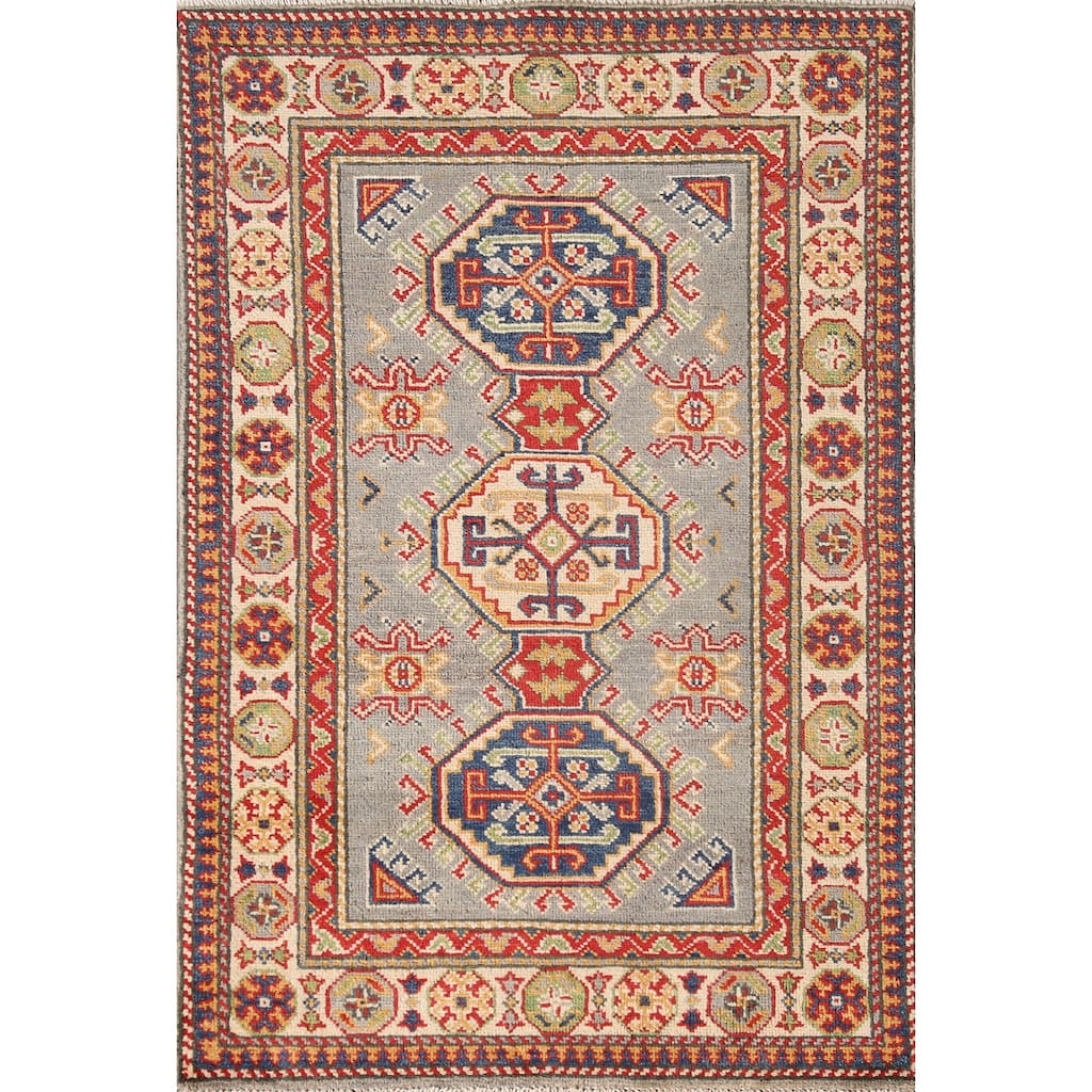 Geometric Kazak Oriental Accent Rug Handmade Grey Wool Carpet - 2'8" x 4'2"