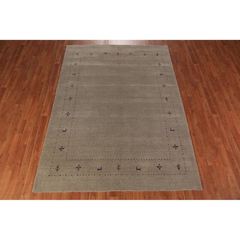 Gabbeh Oriental Area Rug Hand-Knotted Beige Tribal Wool Carpet - 5'7" x 7'10"