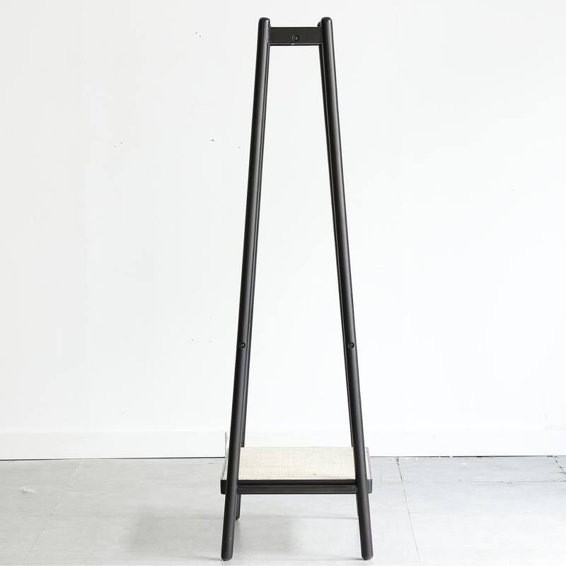 Modern Solid Oak Coat Rack Stylish Coat Rack Rattan Hanger Vertical Hanger with Shelf, for Bedroom, Black