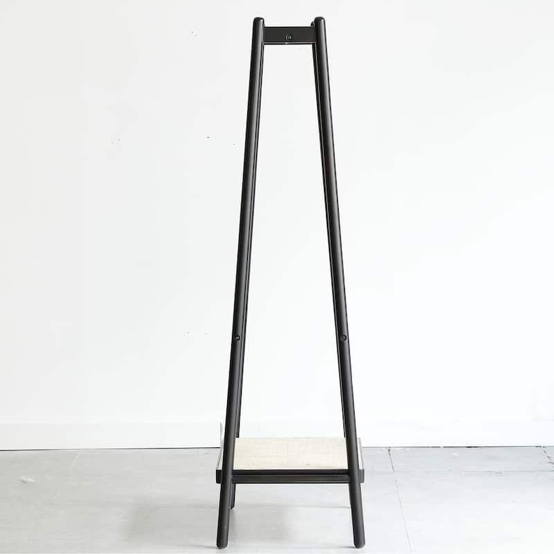 Solid Oak Wood Clothes Rack, Black Rattan Hanger Rack-clothes Rack with Shelves, Cloth Hanger Standing Garment Racks