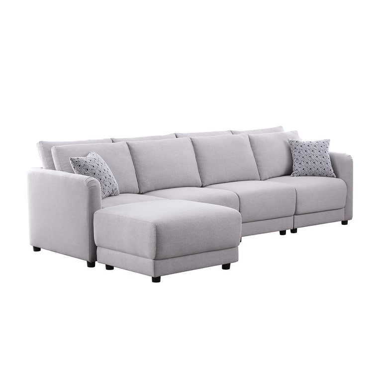 Penelope Light Gray Linen Fabric 4-Seater Sofa with Ottoman & Pillows