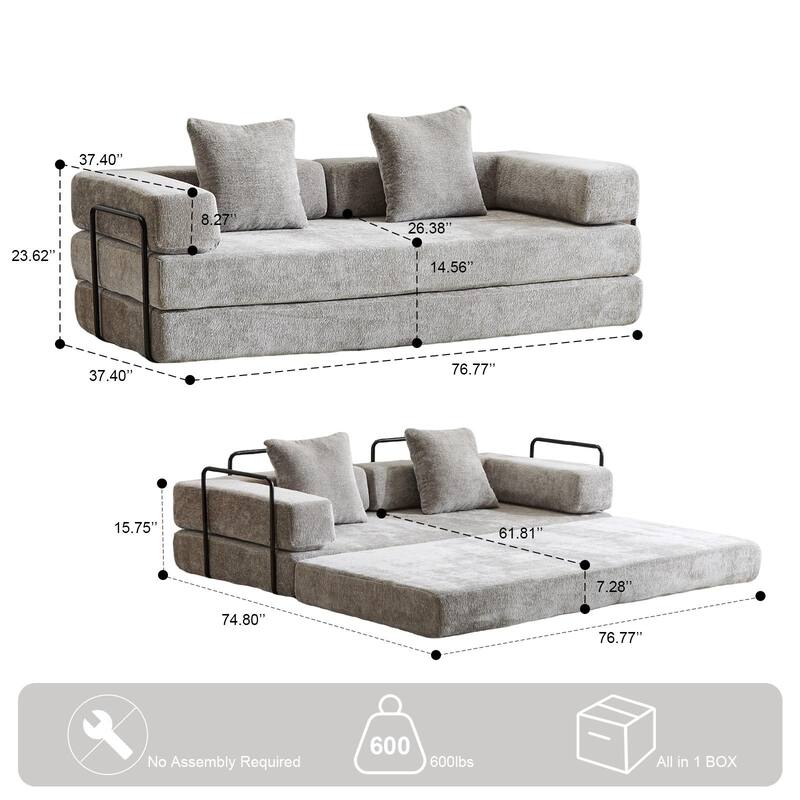 Light Gray Lounge Sleeper Bed Floor Sofa Bed with Foldable Armrests, Loveseat Sofa Sleeper Sofa Accent Couch Settee