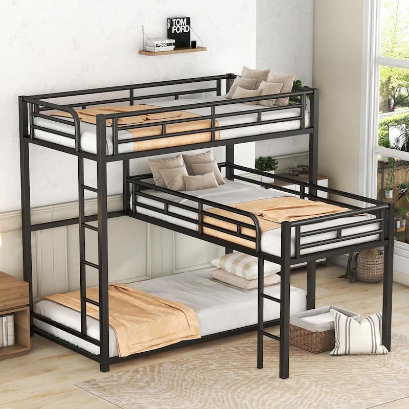 Roomfitters L-Shaped Metal Triple Twin Bunk Bed with Desk and Shelf, Black