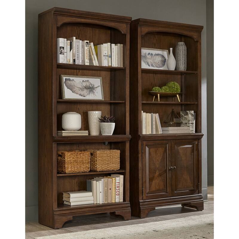 Three-shelf Wood Bookcase with Cabinet in Burnished Oak