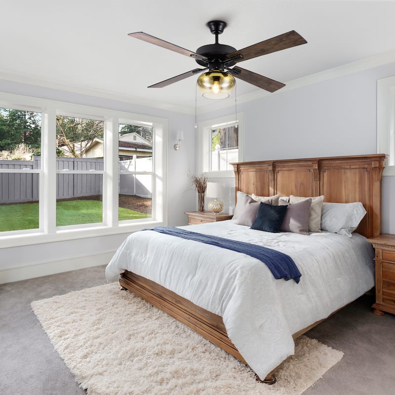 Suzane River of Goods Black Satin with Obre Glass Shade 52-Inch Ceiling Fan with Light - 52" x 52" x 14.25/19.25"