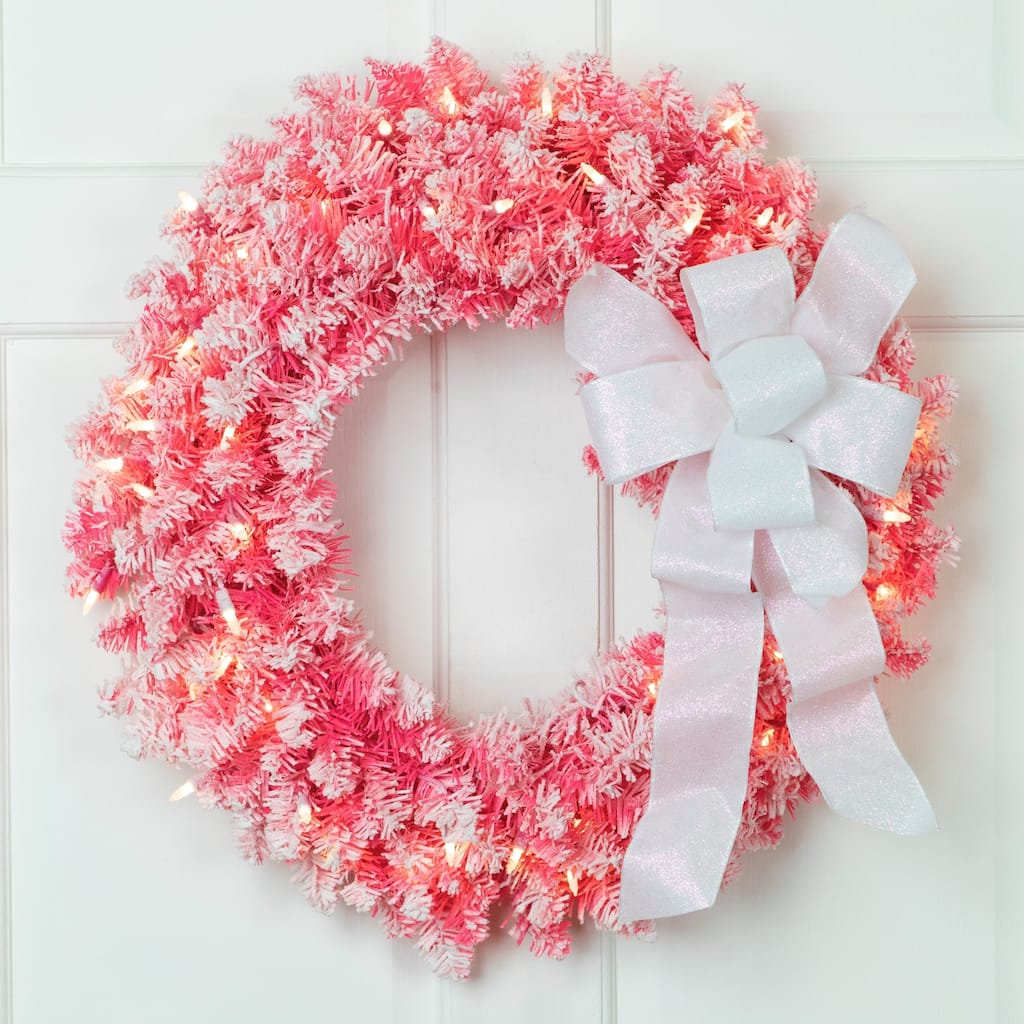 Pre-Lit Flocked Pink Artificial Christmas Wreath 24-Inch, Clear Lights