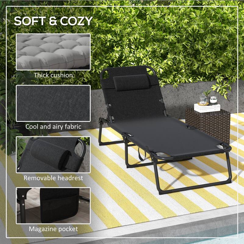 Outdoor Adjustable Folding Chaise Lounge with 4-position Backrest, Pocket, Removable Head Pillow, Patio Lounger Chair