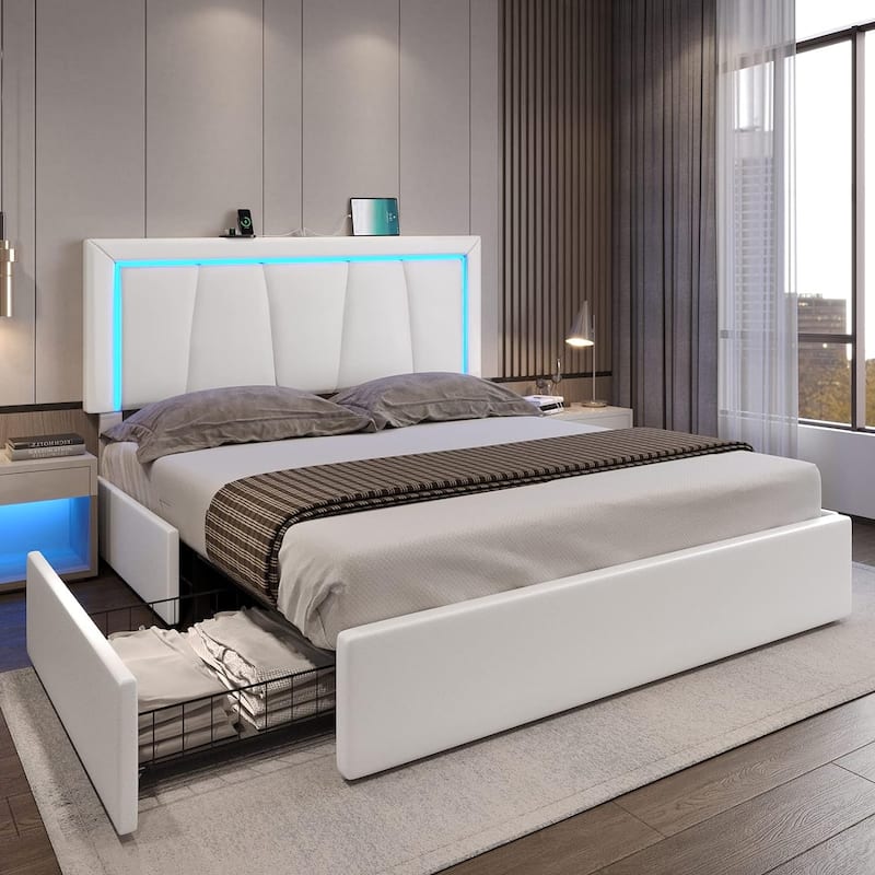 Bed Frame with 4 Storage Drawers1 USB /Type-C Charging Station - White - Queen