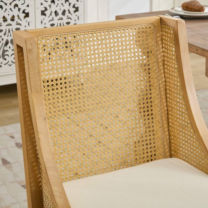Rattan Dining Chairs, Solid Wood Frame with Decorative Armrests, Linen Upholstered Seat, Wooden Style Side Chairs,Single Pack