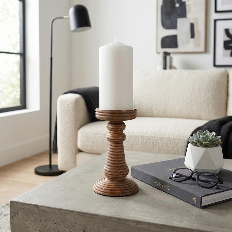 Candle Holder - Brown Mango Wood Ribbed Pillar - 7.25"